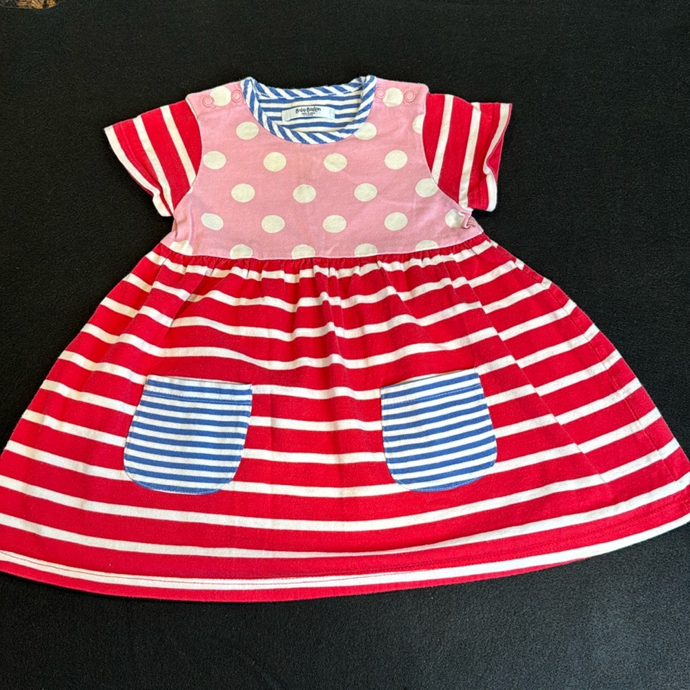 Baby Boden red, pink white and blue striped and polka dot 6-12 month dress